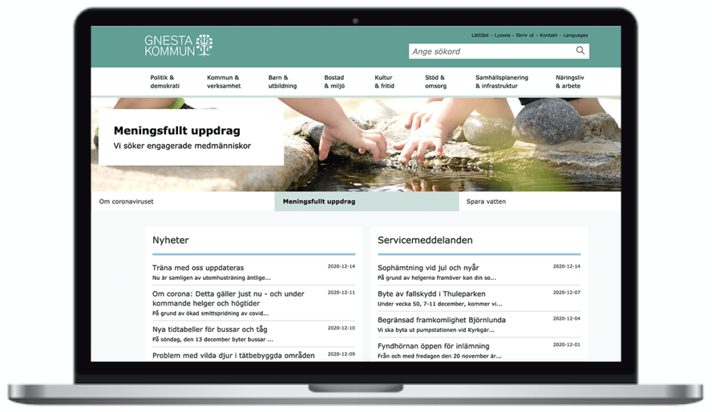 Gnesta kommuns webbplats. skärmbild