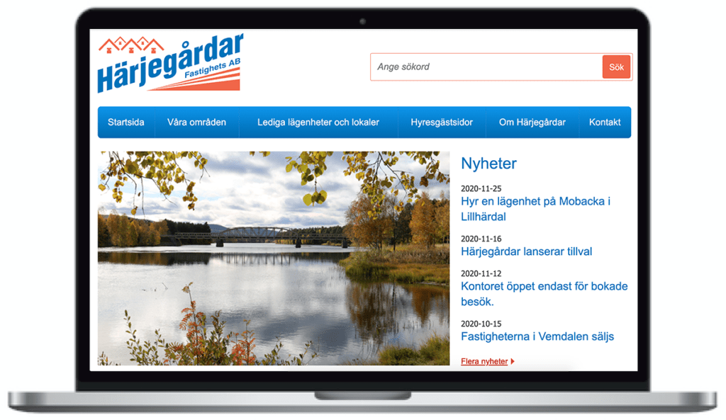 Härjegårdars webbplats. skärmbild